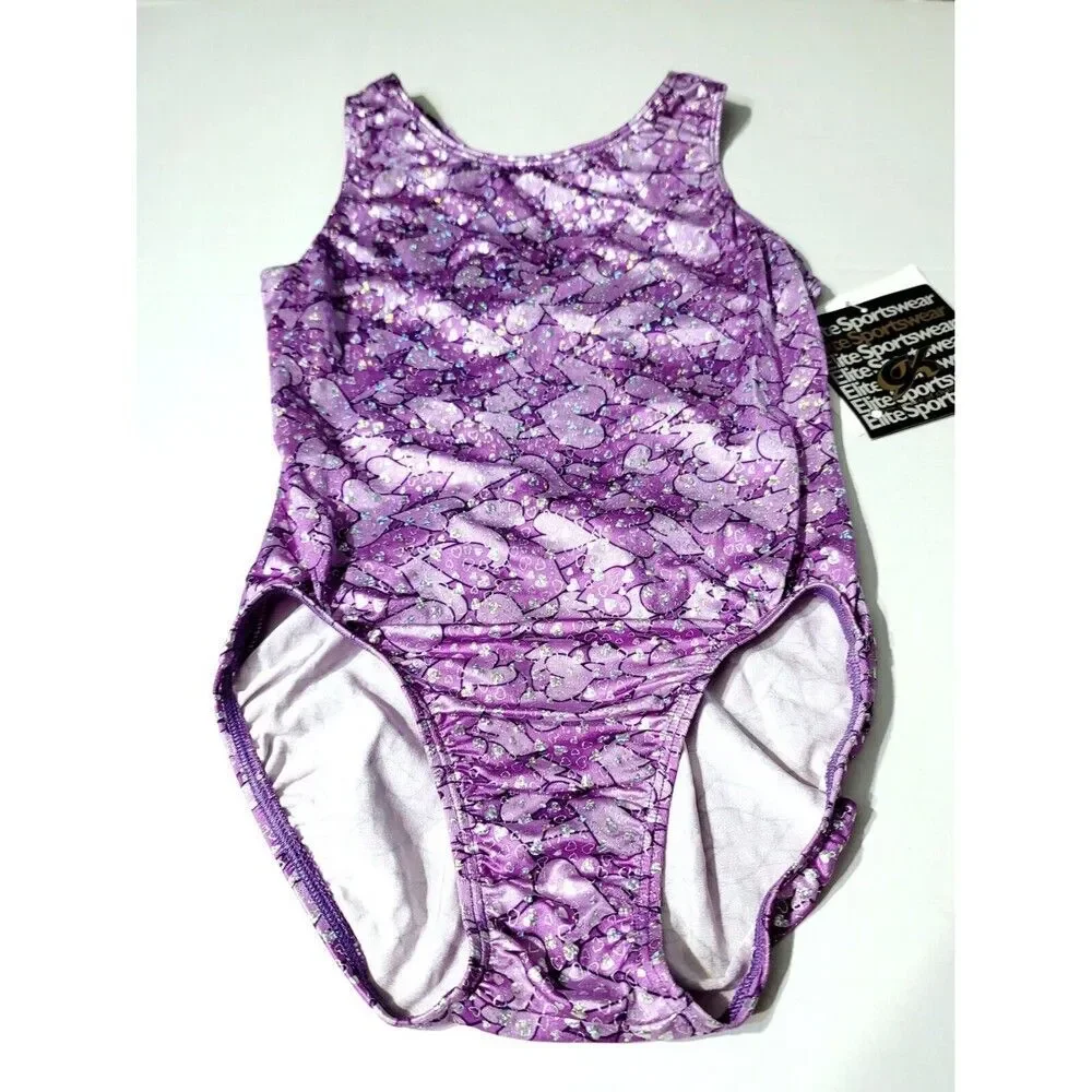 GK Elite Gymnastics Dance Racerback Keyhole Leotard Foil Hearts Purple Adult L